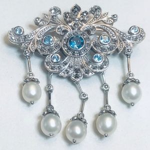Dallas Prince Blue Topaz Pearl and Chrome Marcasite Brooch / Pendant